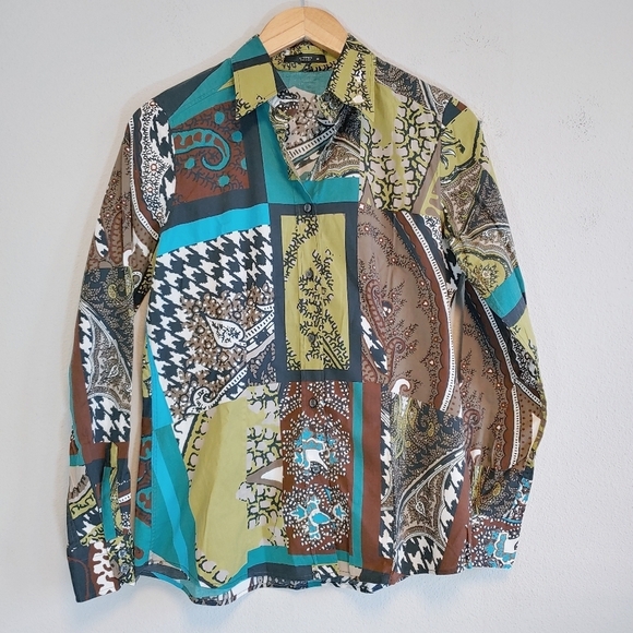 Etro Made in Italy Women's Long Sleeves Button Up Patchwork Print Blouse Sz 8 - Picture 1 of 10
